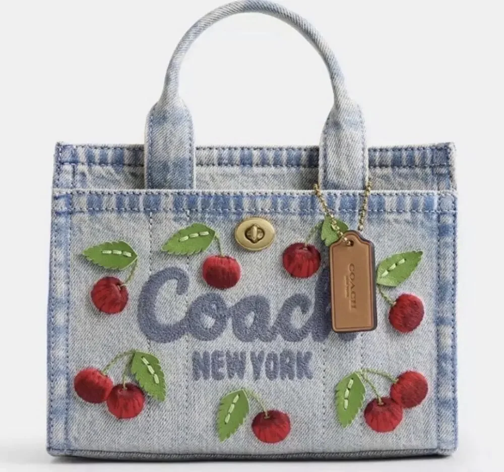 B17-008 NWT Coach Cargo Tote Bag 20 with Cherry Embroidery CDY91 Denim Multi